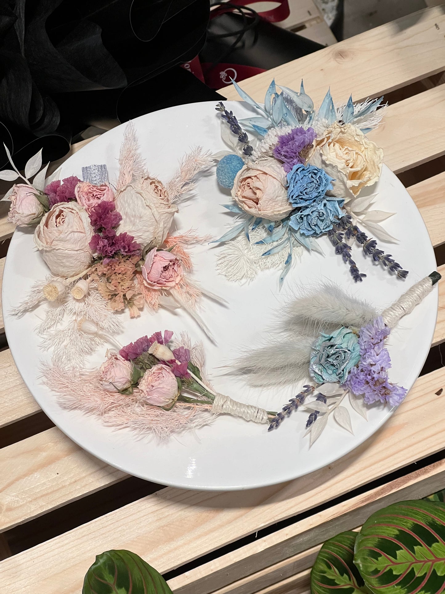 Dry flower corsage and boutonniere set